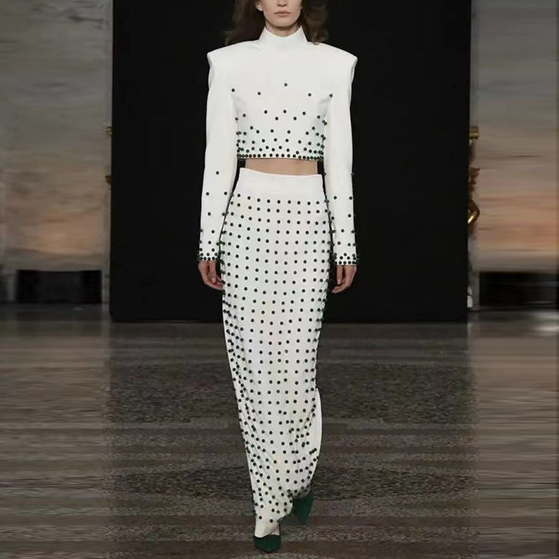 Heavy Industry Pearl Beaded Short Top Skirt Set Two Piece Set