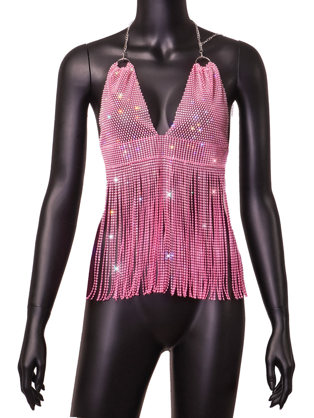 Summer Inner Wear Slim Backless Fishnet Rhinestone Tassel Suspender Vest