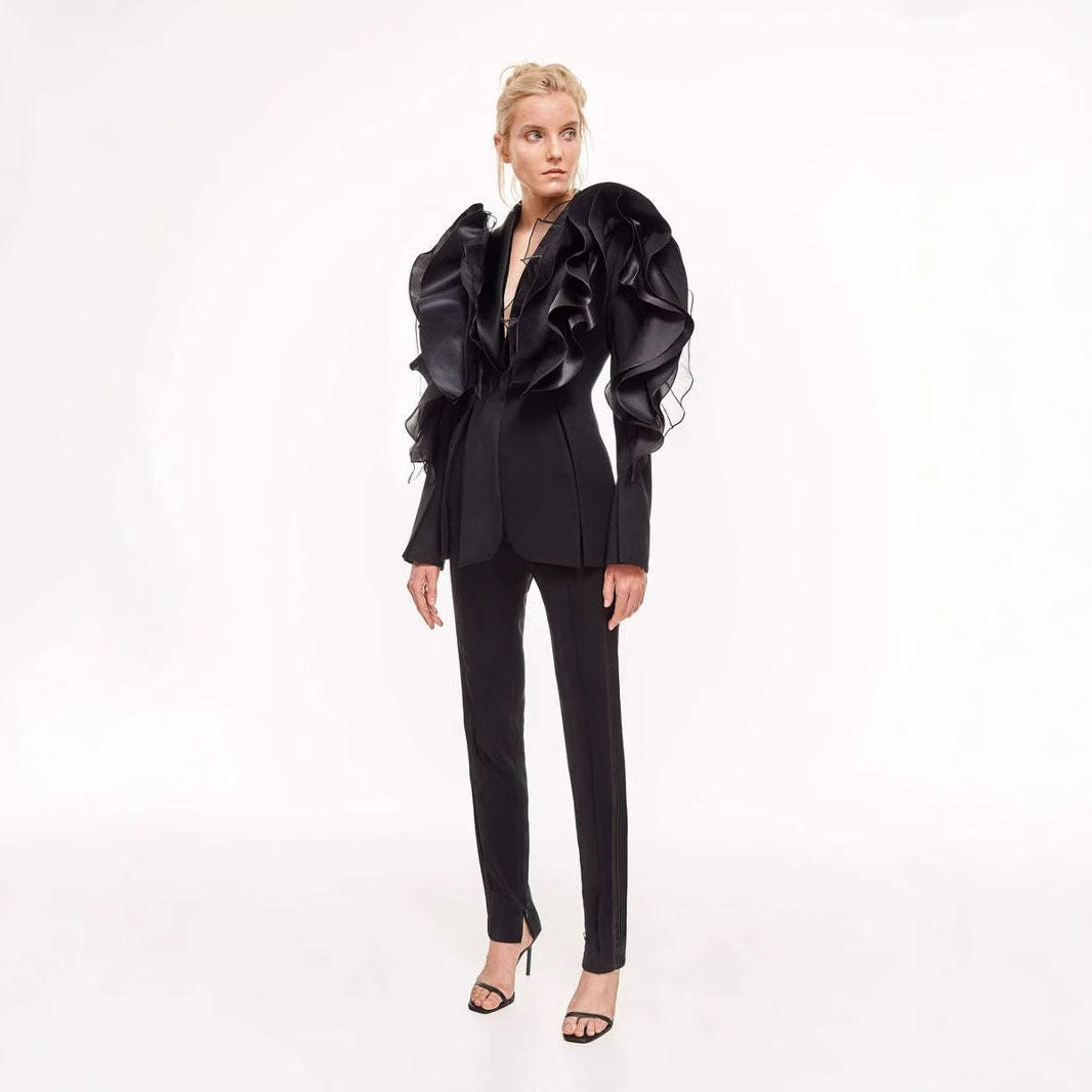 Special Interest Design High Grade Goddess Black Three Dimensional Patchwork Ruffled Blazers Asymmetric Slim Fit Thin Looking Blazers