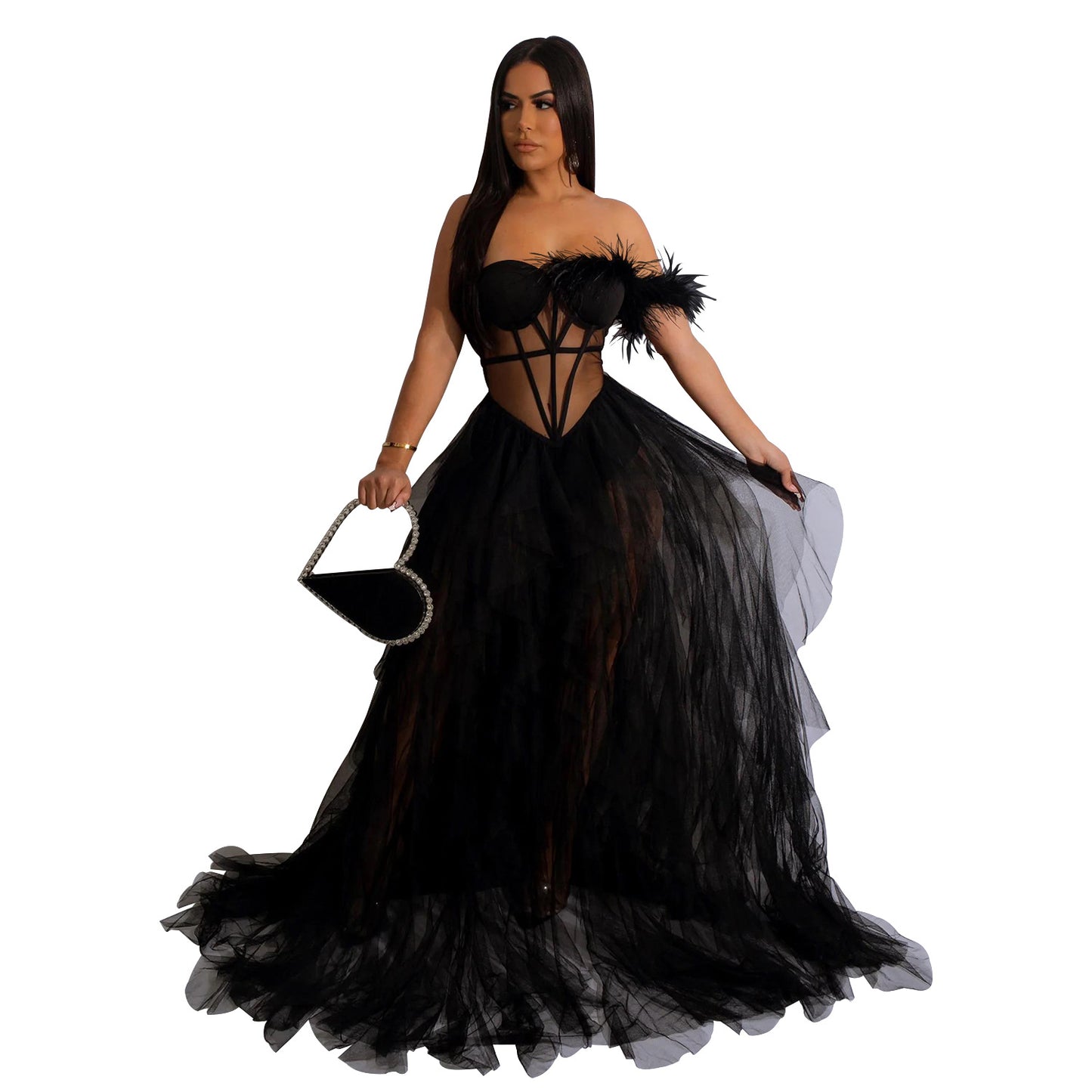 Women Wear Solid Color Sleeveless Chest Wrap Mesh Maxi Dress