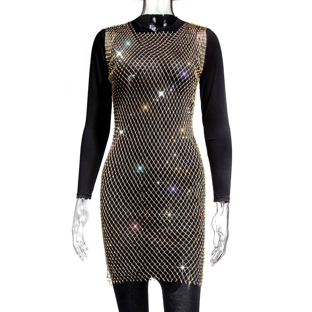 Rhinestone Fishnet Top Summer Popular Mesh Rhinestone Women Clothing Short Sleeve