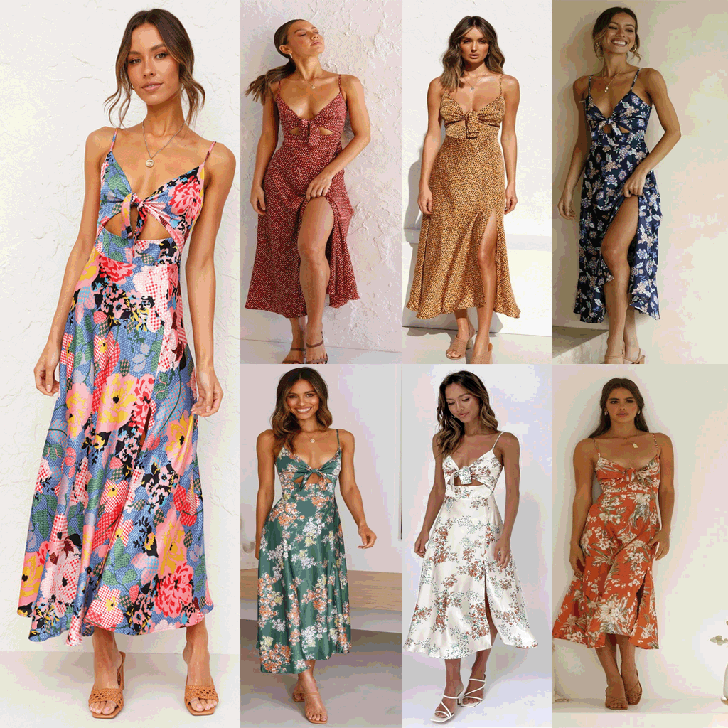 Sundress Spring Summer Small Maxi Floral Print Fresh Sweet Spaghetti-Strap Dress