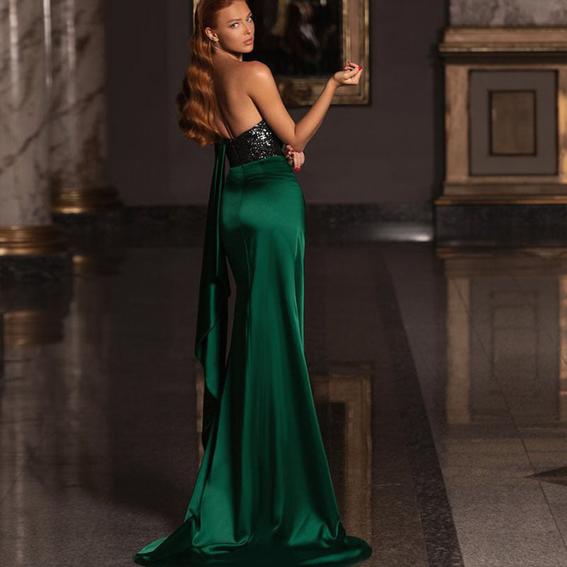 Spring Summer Women's Dress Low-Cut Split Dress Mop Slimming Sequined Dress