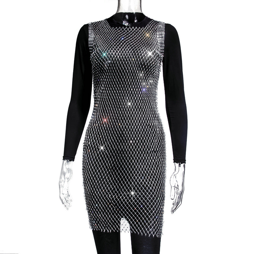 Rhinestone Fishnet Top Summer Popular Mesh Rhinestone Women Clothing Short Sleeve
