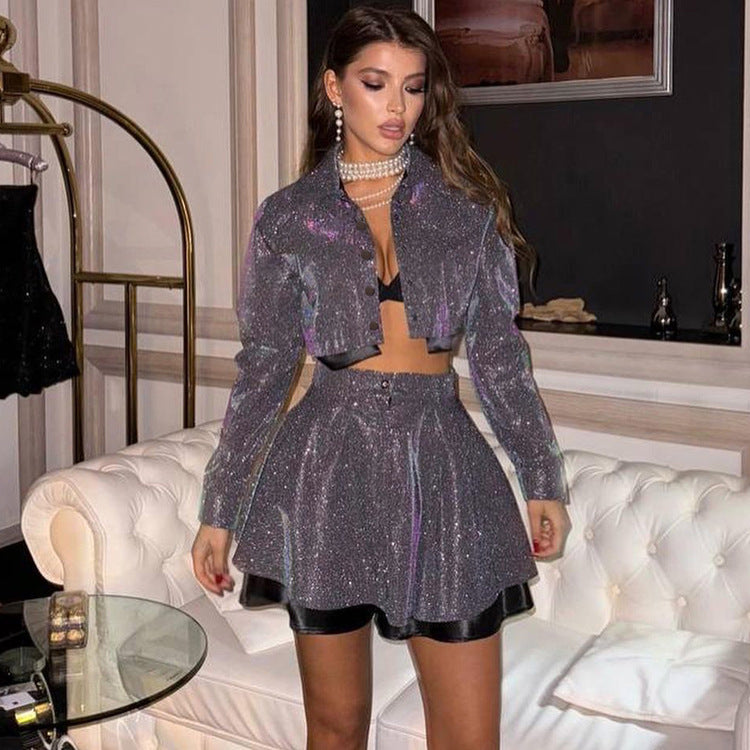 Flashing Sequ Women Collared Long Sleeve Short Top High Waisted Trousers Skirt Sexy Nightclub Two Piece Sets