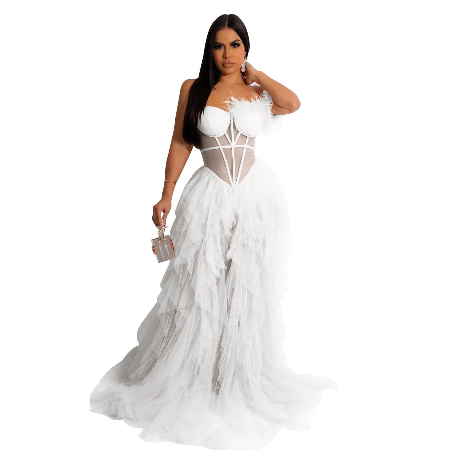 Women Wear Solid Color Sleeveless Chest Wrap Mesh Maxi Dress