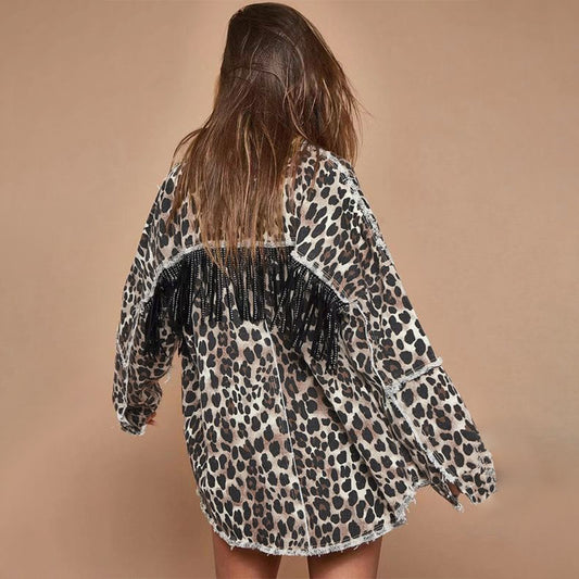 Popular Leopard Print Denim Jacket Trend Washed Distressed Tassel Denim Jacket