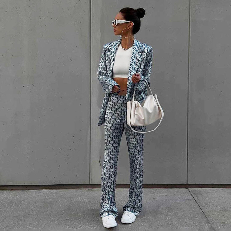 Women Clothing Long Sleeve Collared Bootleg Pants Printing Suit Street Matching Street