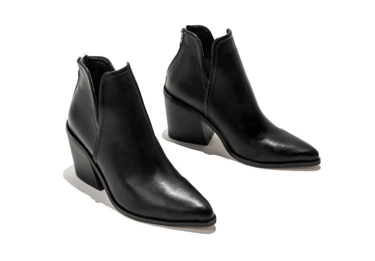 Bottes courtes à imprimé léopard pour femmes Bottes Martin à talons hauts Bottines pointues à talons épais Femmes