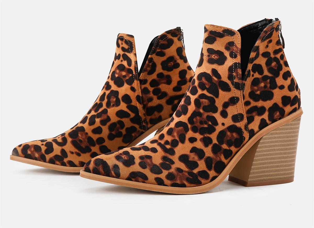 Bottes courtes à imprimé léopard pour femmes Bottes Martin à talons hauts Bottines pointues à talons épais Femmes