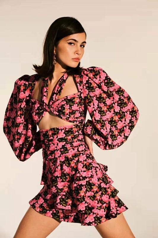 Women Cutout Tie Lace Soild Floral Halter Daily Tiered Dress Lantern Sleeve 3D Rose Dress