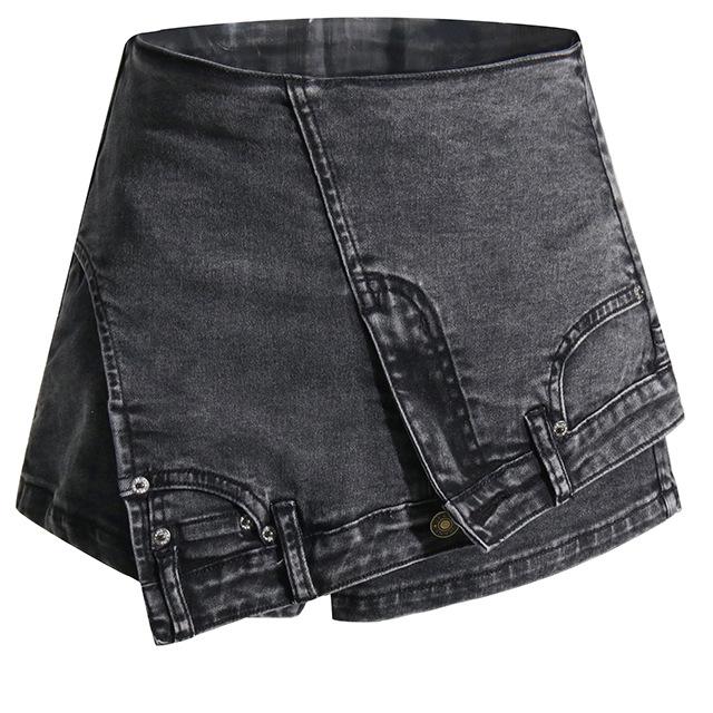 Personality Street Denim Stitching Shorts High Waist Irregular Asymmetric Washed Worn Jeans Women