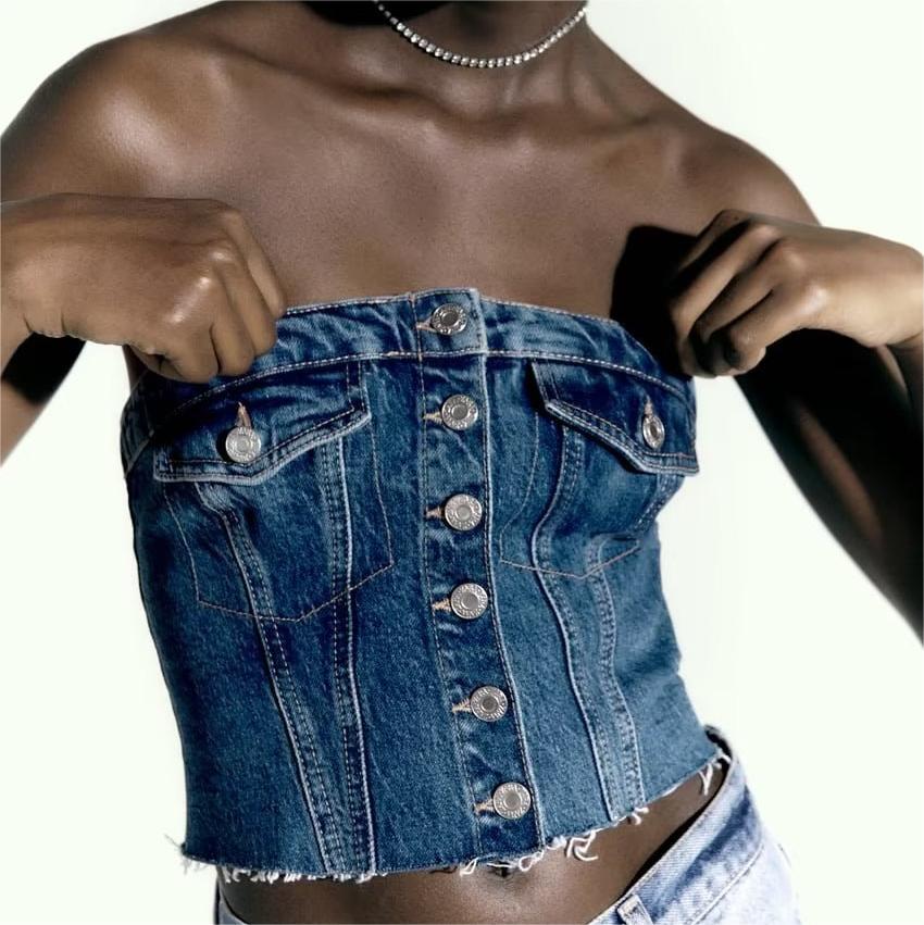 Délavé Denim Corset Tube Top Doux Haut Sans Manches Femmes