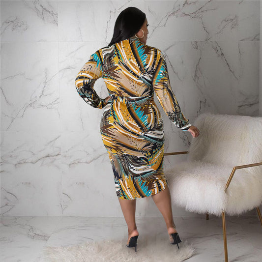 Plus Size Women Clothes V neck Floral Print Slit Pleated Hollow Out Cutout Sleeve Dress