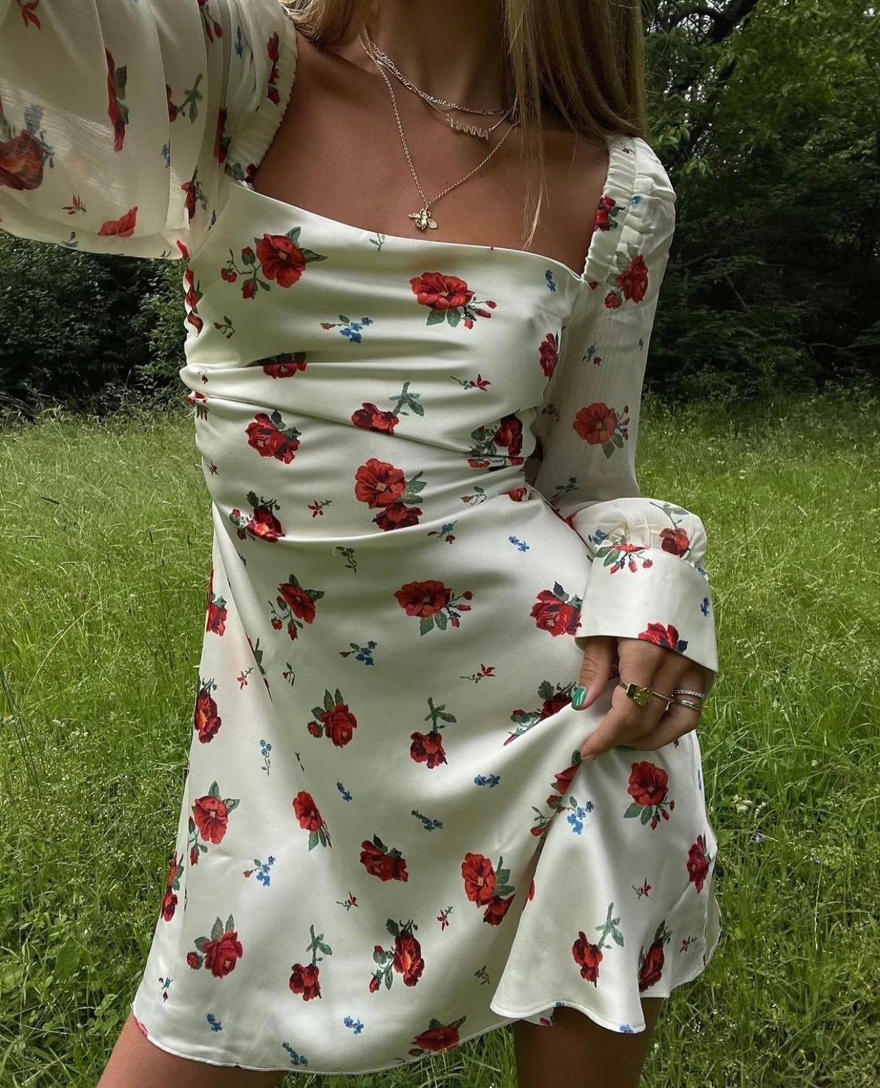 Pullover Square Collar Short Sleeve Elastic Knitted Floral Print Dress Women Clothing Yama