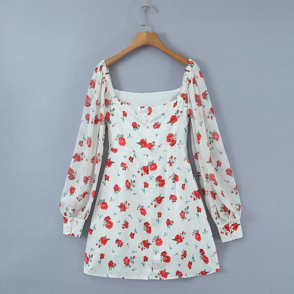 Pullover Square Collar Short Sleeve Elastic Knitted Floral Print Dress Women Clothing Yama