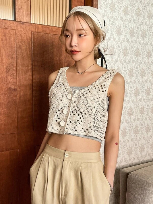 Women Summer Vacation Crochet Solid V Neck Tank Crop Camis