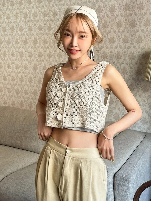 Women Summer Vacation Crochet Solid V Neck Tank Crop Camis