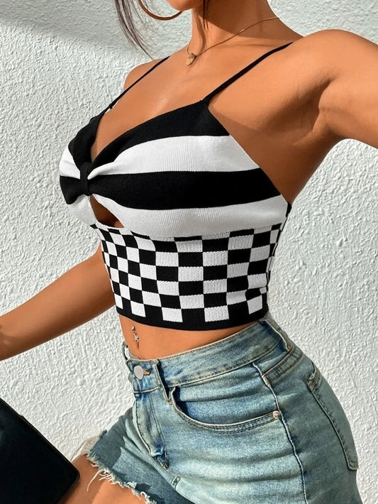 Women Summer Sexy V Neck Black And White Check Short Camis