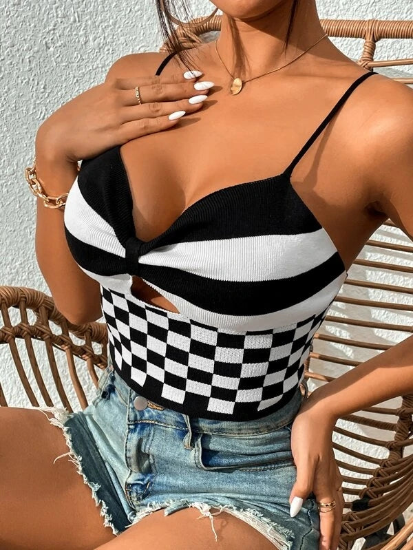 Camis corto da donna con scollo a V sexy estivo in bianco e nero
