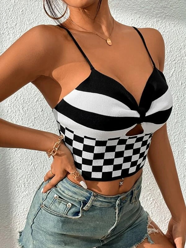 Camis corto da donna con scollo a V sexy estivo in bianco e nero