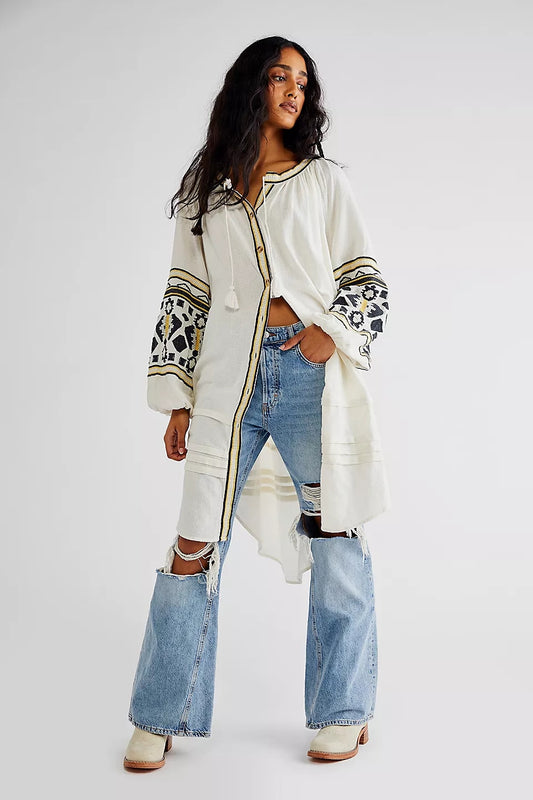 Women Spring and Summer Elegant Vacation National Embroidered Loose Cardigan Dress