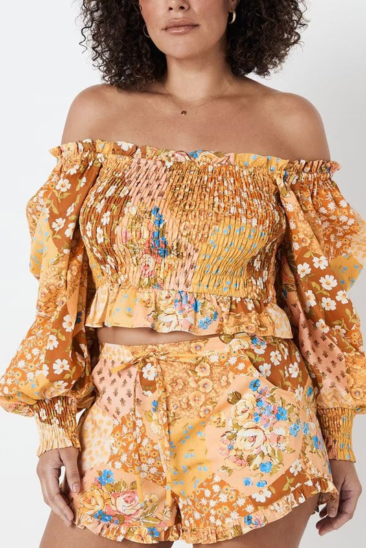 Printed Shirt Square Collar Long Sleeve Women Wooden Ear Elastic off Shoulder Small Shirt