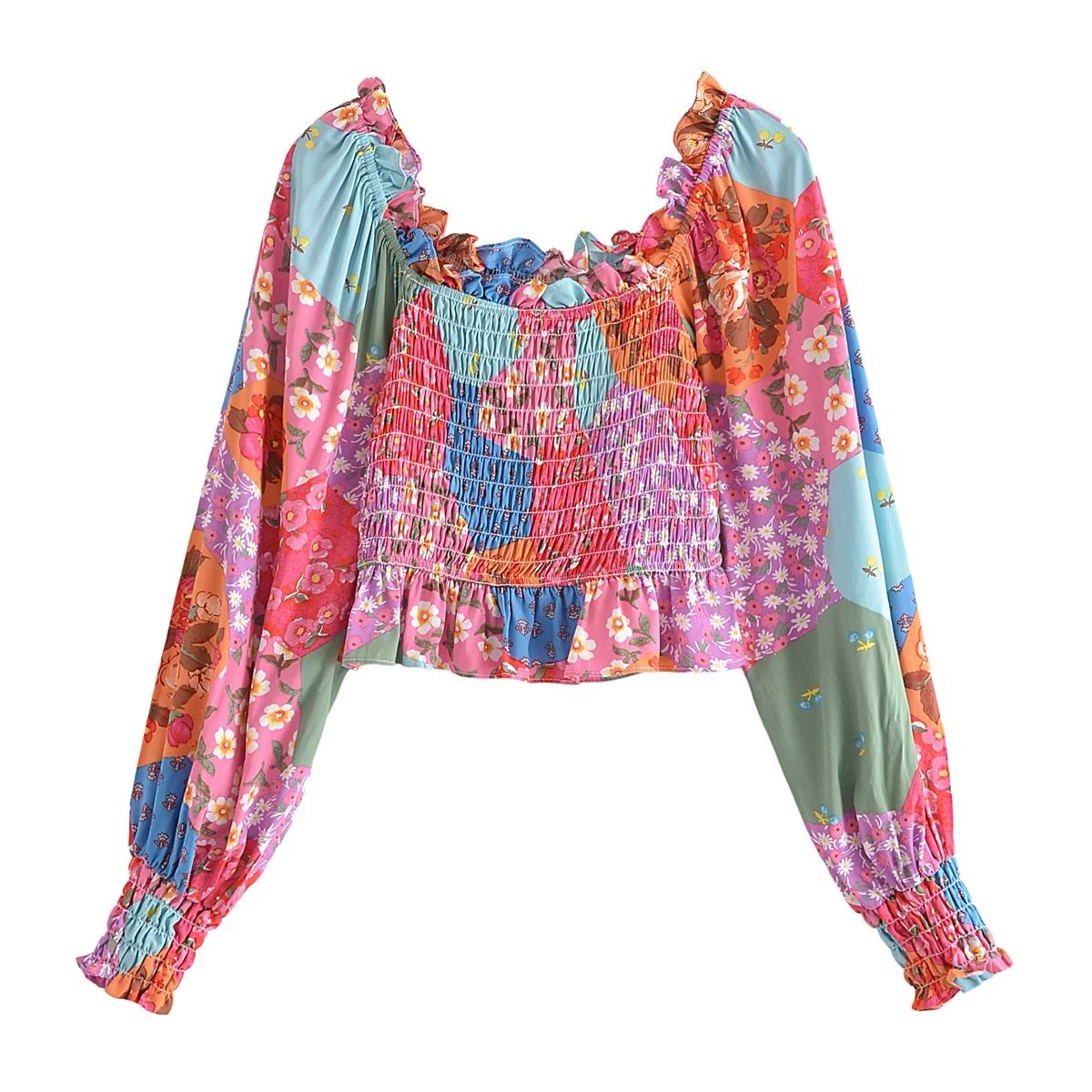 Printed Shirt Square Collar Long Sleeve Women Wooden Ear Elastic off Shoulder Small Shirt