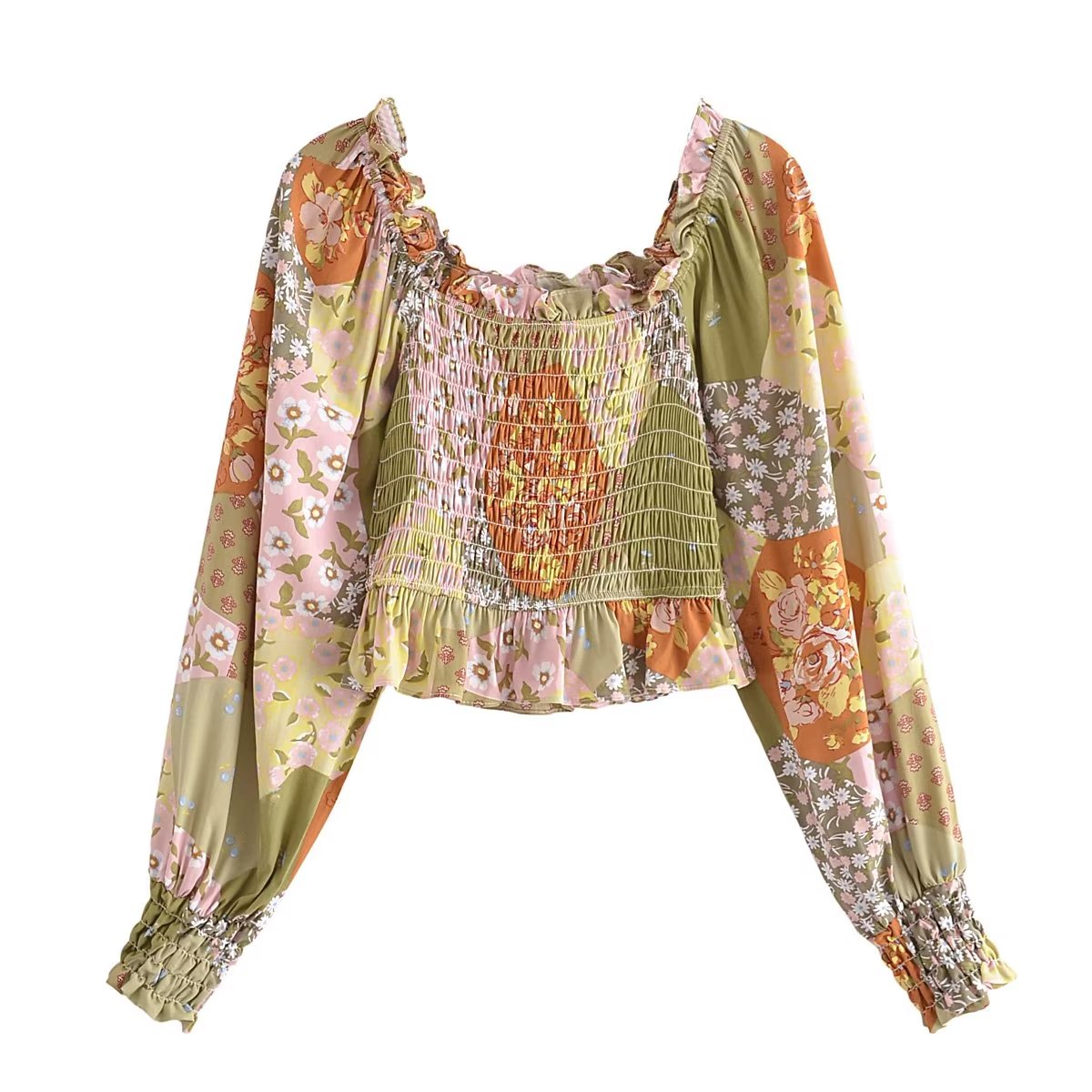 Printed Shirt Square Collar Long Sleeve Women Wooden Ear Elastic off Shoulder Small Shirt