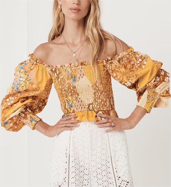 Printed Shirt Square Collar Long Sleeve Women Wooden Ear Elastic off Shoulder Small Shirt