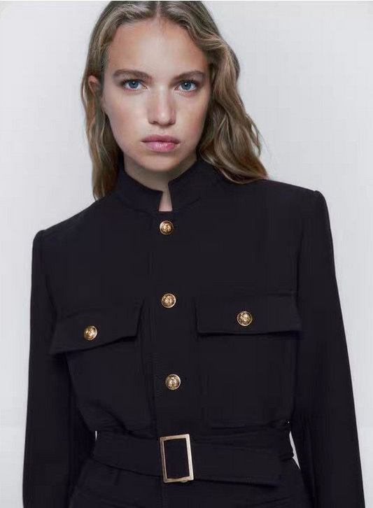 Belt Button Decoration Slim Fit Figure Flattering Blazer Coat