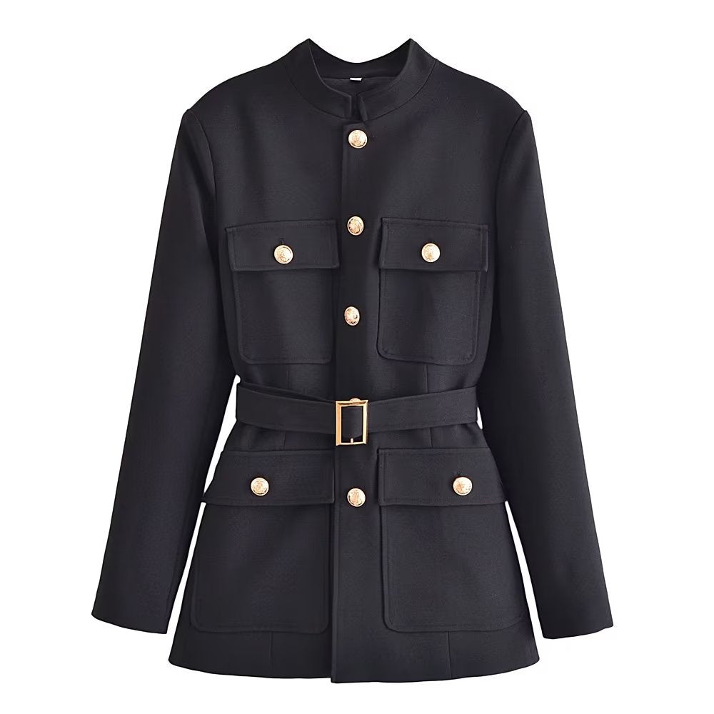 Ceinture Bouton Décoration Slim Fit Figure Flatteur Blazer Manteau