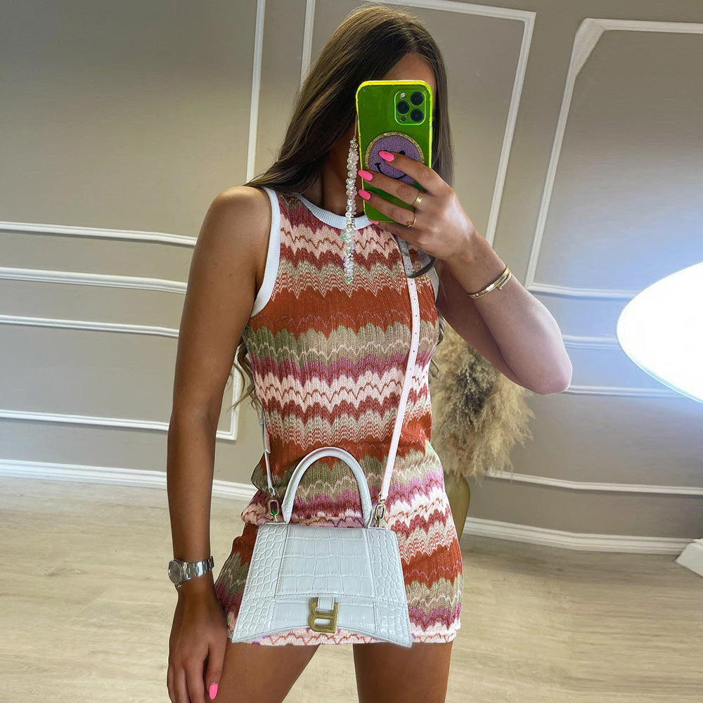 Women Clothing Spring Pattern Print round Neck Contrast Color Sexy Dress