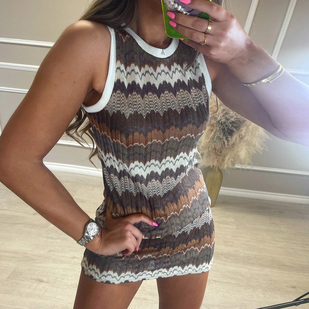 Women Clothing Spring Pattern Print round Neck Contrast Color Sexy Dress