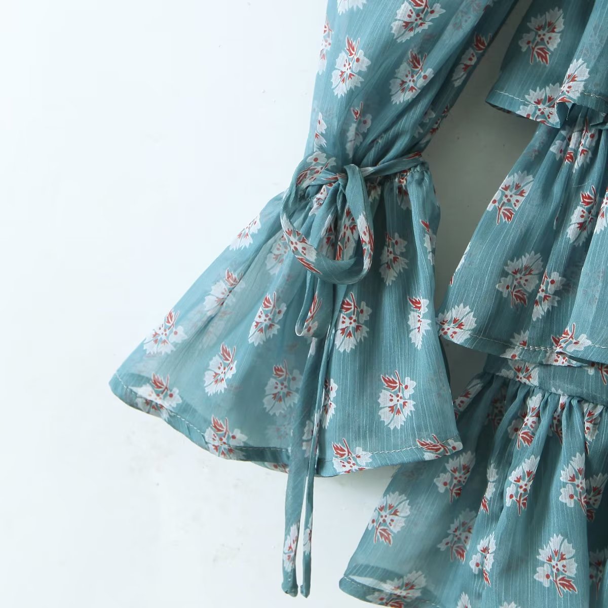 Elegant Slim Fit Square Collar Puff Sleeve Floral Chiffon Long Sleeve Dress Layers Tiered Dress