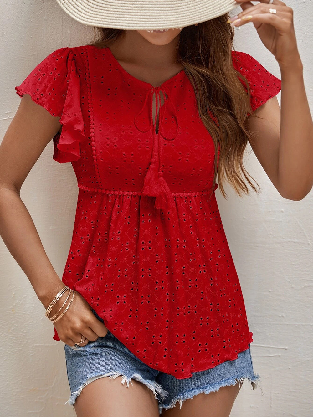 Vêtements pour femmes printemps été femmes couleur unie jacquard manches à volants élégant t-shirt haut