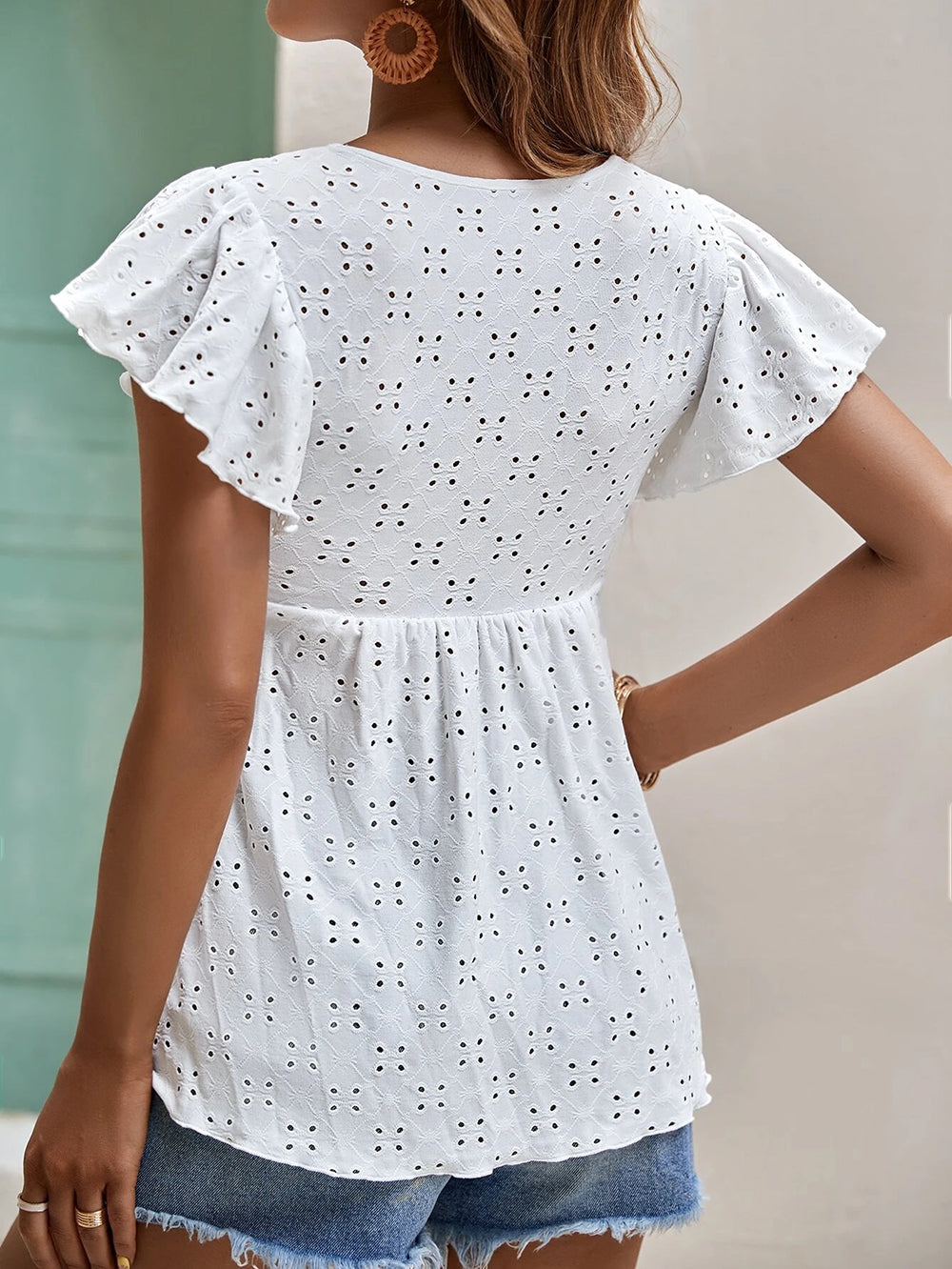 Vêtements pour femmes printemps été femmes couleur unie jacquard manches à volants élégant t-shirt haut