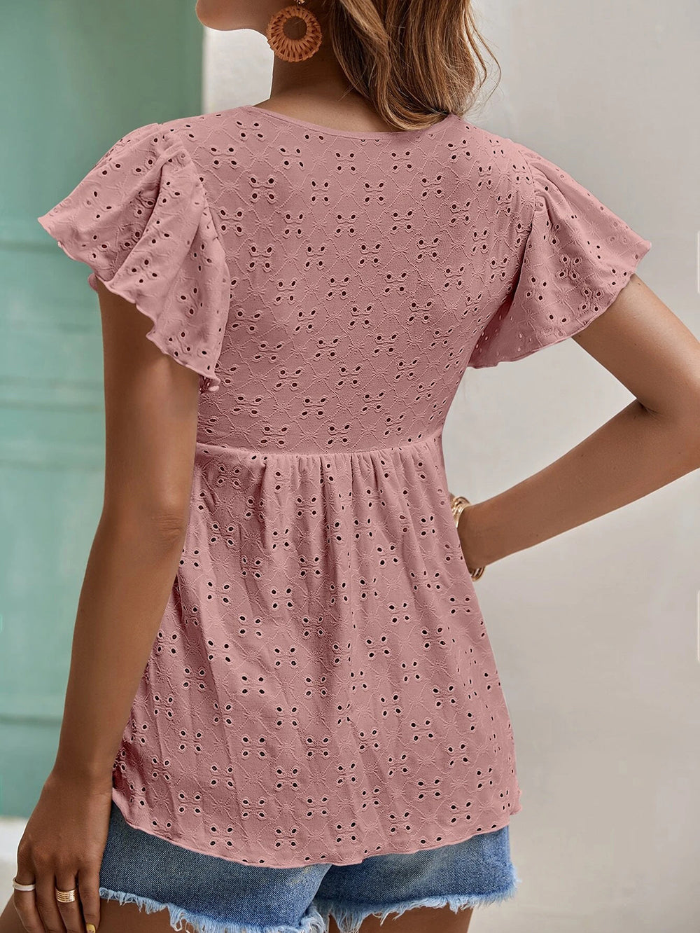 Vêtements pour femmes printemps été femmes couleur unie jacquard manches à volants élégant t-shirt haut