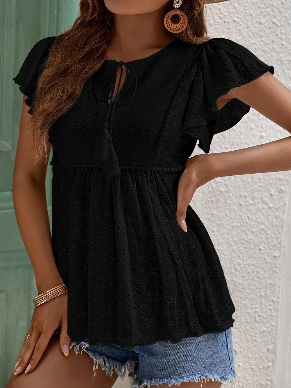 Vêtements pour femmes printemps été femmes couleur unie jacquard manches à volants élégant t-shirt haut
