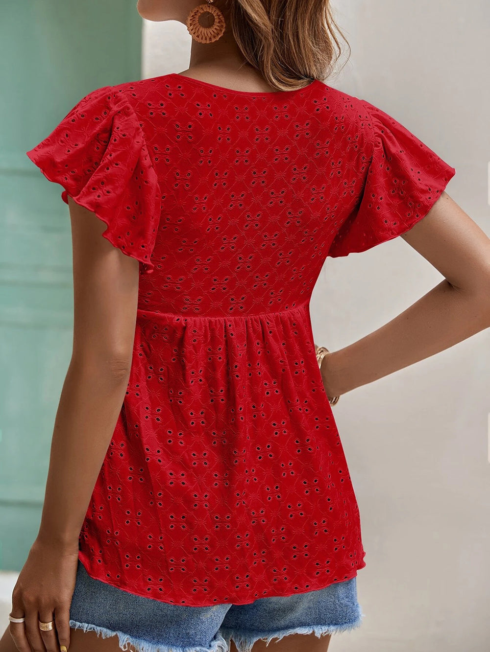 Vêtements pour femmes printemps été femmes couleur unie jacquard manches à volants élégant t-shirt haut