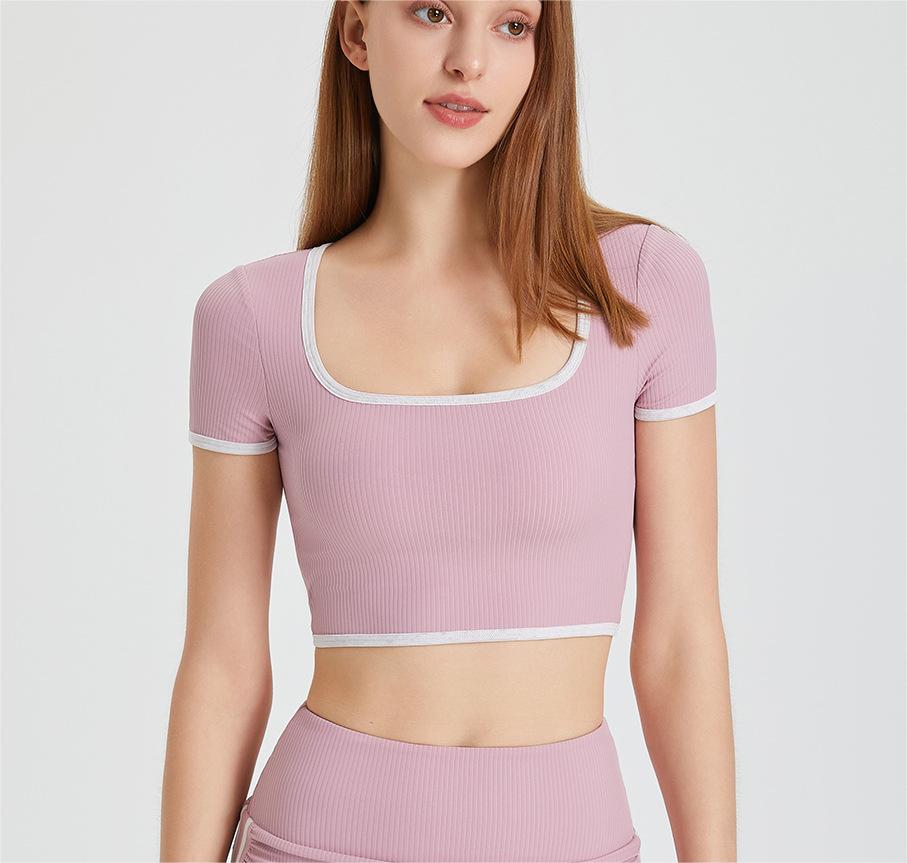 Nude Feel Yoga Bra Short Sleeve with Chest Pad Shockproof Sports Underwear Fitness Clothes Top Women