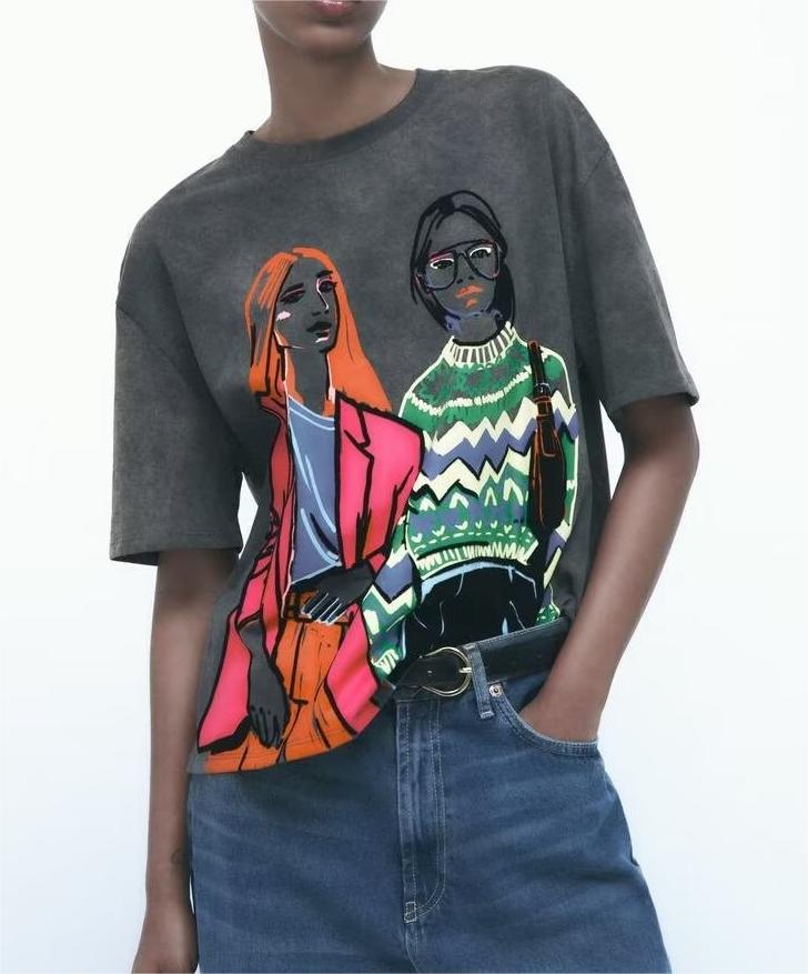 Loose Girl Printed Pattern round Neck Short Sleeve T shirt