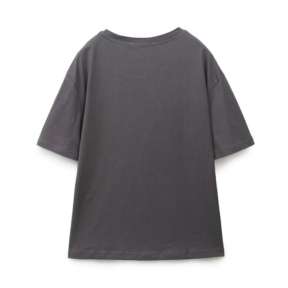 Loose Girl Printed Pattern round Neck Short Sleeve T shirt