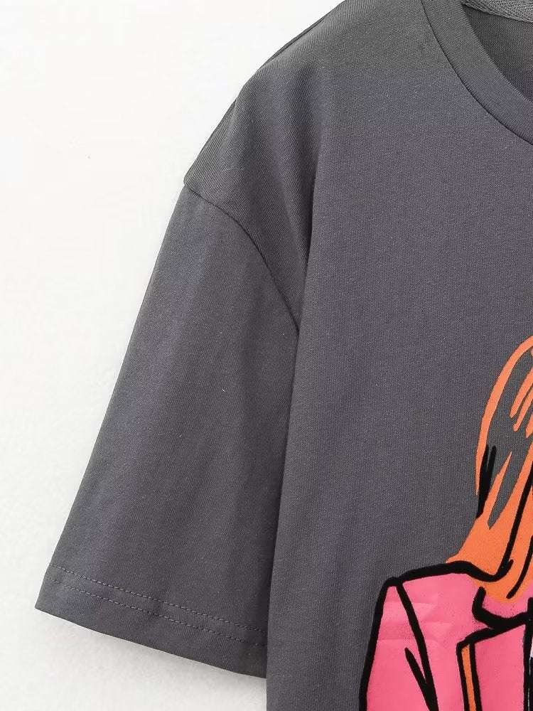 Loose Girl Printed Pattern round Neck Short Sleeve T shirt