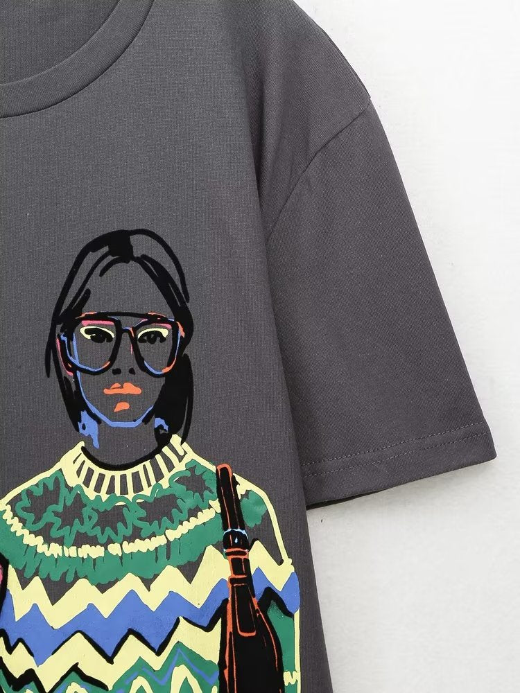 Loose Girl Printed Pattern round Neck Short Sleeve T shirt