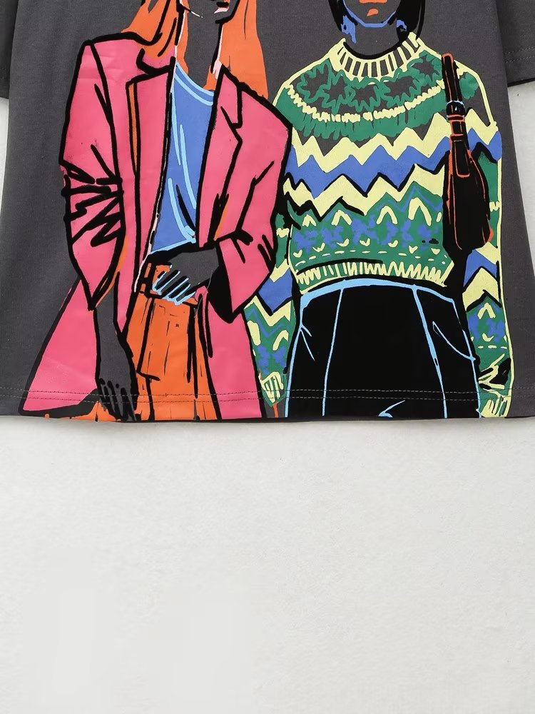 Loose Girl Printed Pattern round Neck Short Sleeve T shirt