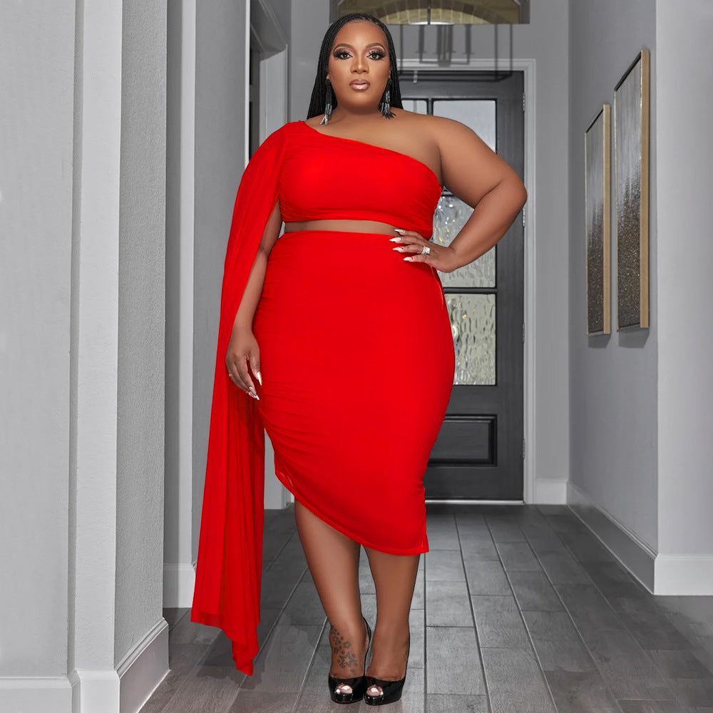 Plus Size Women Wear High Elastic Diagonal Collar Long Train Sleeve Wrinkle Two Piece Set