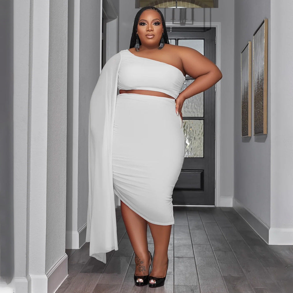 Plus Size Women Wear High Elastic Diagonal Collar Long Train Sleeve Wrinkle Two Piece Set
