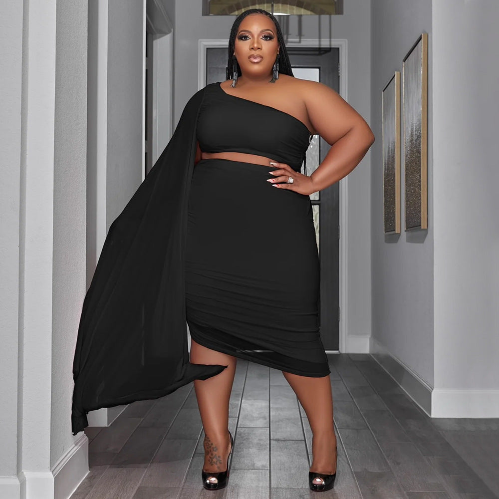 Plus Size Women Wear High Elastic Diagonal Collar Long Train Sleeve Wrinkle Two Piece Set