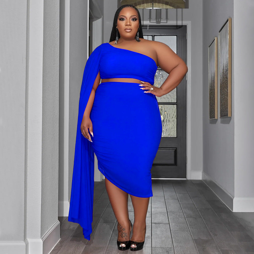 Plus Size Women Wear High Elastic Diagonal Collar Long Train Sleeve Wrinkle Two Piece Set